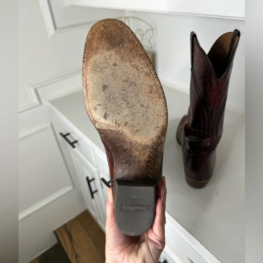 Vintage Lucchese Men’s 12B Cowboy Boots Brown Burgundy Handmade Leather Western - Picture 9 of 11